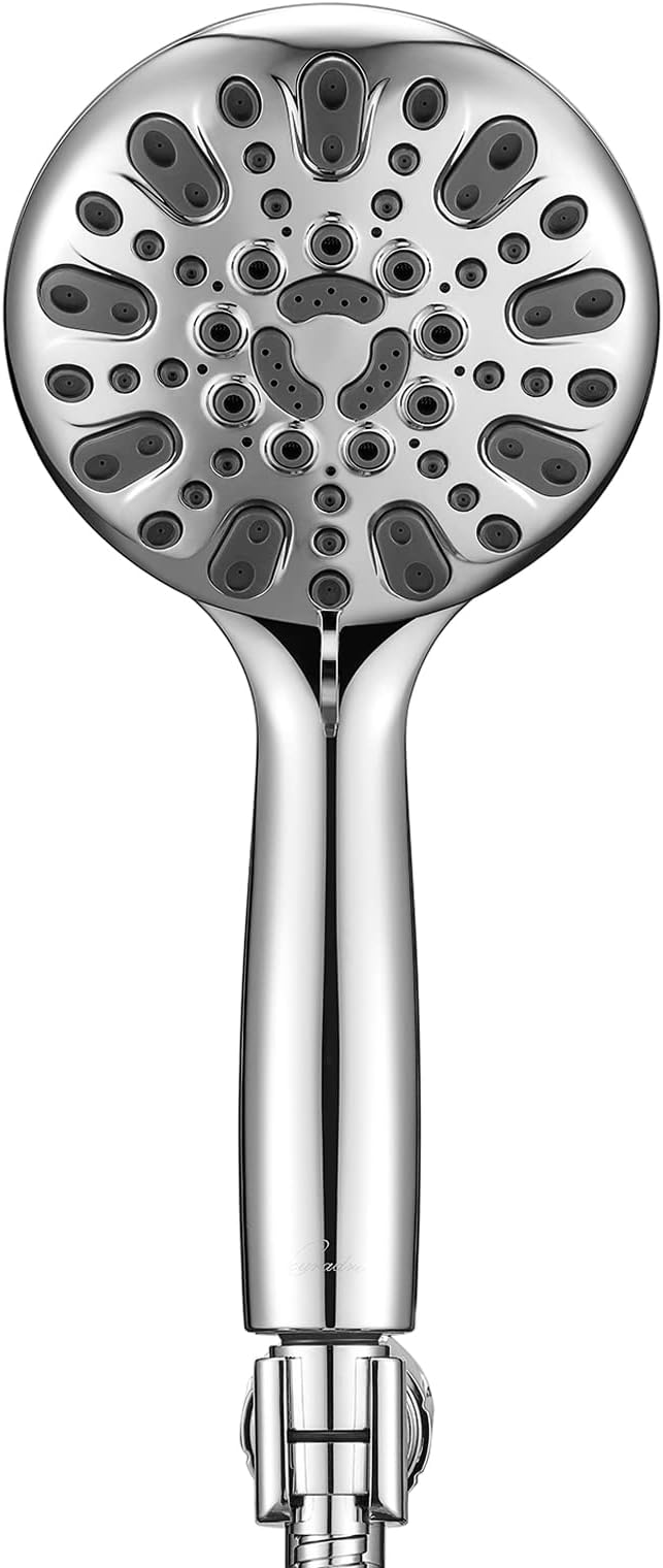 Handheld Shower Head, 6 Spray Setting High Pressure Shower Head with Brass Swivel Ball Bracket and Extra Long Stainless Steel Hose, Chrome, 5"