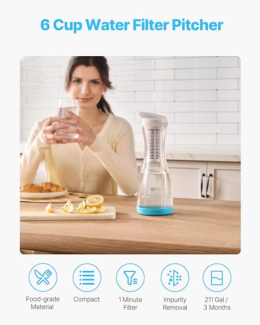 VEVOR Water Filter Pitcher, 6 Cup Glass Water Filter Dispenser, Fast & Compact Fridge-Friendly Water Filtration System, No BPA, Lasts 3 Months or 211 Gallons, Reduces Chlorine, Rust, Odors, PFOA/PFOS