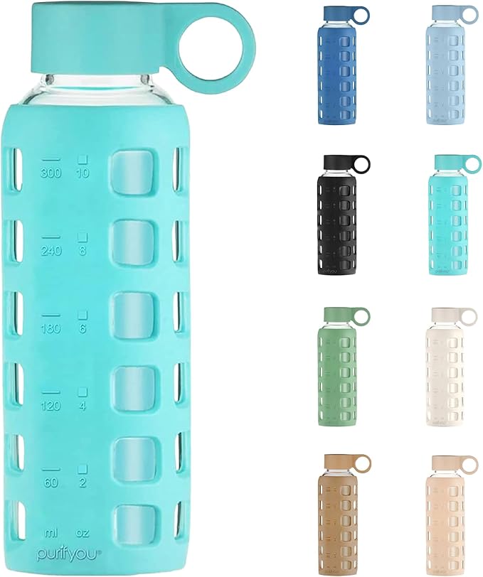 purifyou 40oz / 32oz / 22oz / 12oz Borosilicate Glass Water Bottle with Time & Volume Markers, Silicone Sleeve, Stainless Steel Lid | Reusable Glass Bottle for Water & Juice (12oz Aqua Blue)