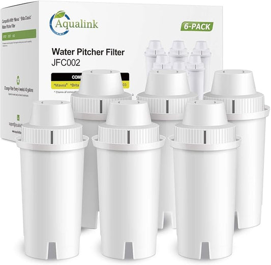 JFC002 Replacement for Brita Longlast Water Filter, Compatible with standard Mavea 107007, Brita Classic 35557, OB03, 6PACK