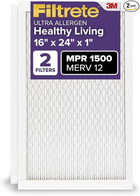 Filtrete 16x24x1 AC Furnace Air Filter, MERV 12, MPR 1500, CERTIFIED asthma & allergy friendly, 3 Month Pleated 1-Inch Electrostatic Air Cleaning Filter, 2-Pack (Actual Size 15.81x23.81x0.78 in)