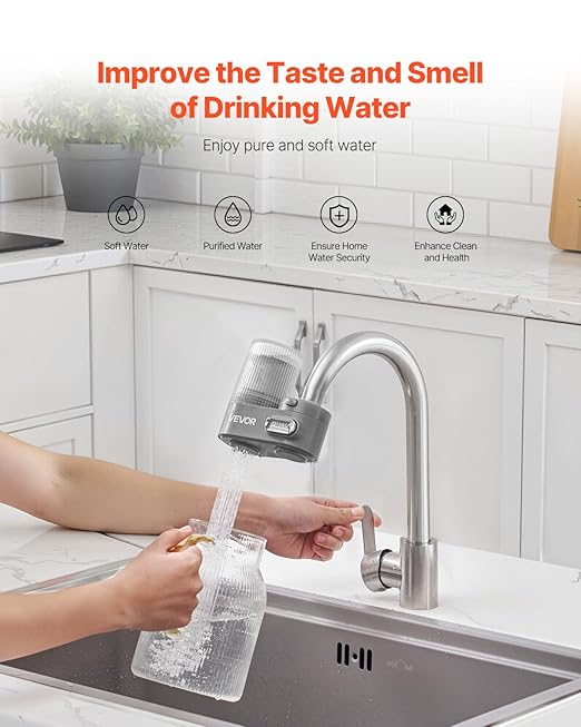 VEVOR Faucet Mount Water Filter, Vertical Water Purifier for Sink Tap, NSF Certified Carbon Fiber Filter, Removes Chlorine Lead with 3 Filters, Fits Most Kitchen or Bathroom Faucets, Gray