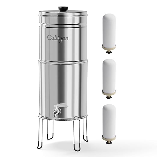 Culligan with MaxClear Technology 3 Gallon Gravity Water Filter System, Polished Countertop Ceramic Water Filter NSF/ANSI Certified to Reduce Lead, Microplastics & Total PFAS, with 3 Filters