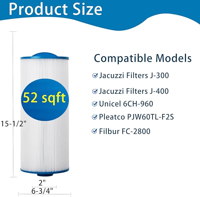 Spa Filter 6CH-960 Replaces Jacuzzi Filters J-300 J-400,Unicel 6CH-960, PJW60TL-F2S,Filbur FC-2800,6540-476, 6540-383,Hot Tub Filter with Closed Handle(Not be Removed)- 2 Pack