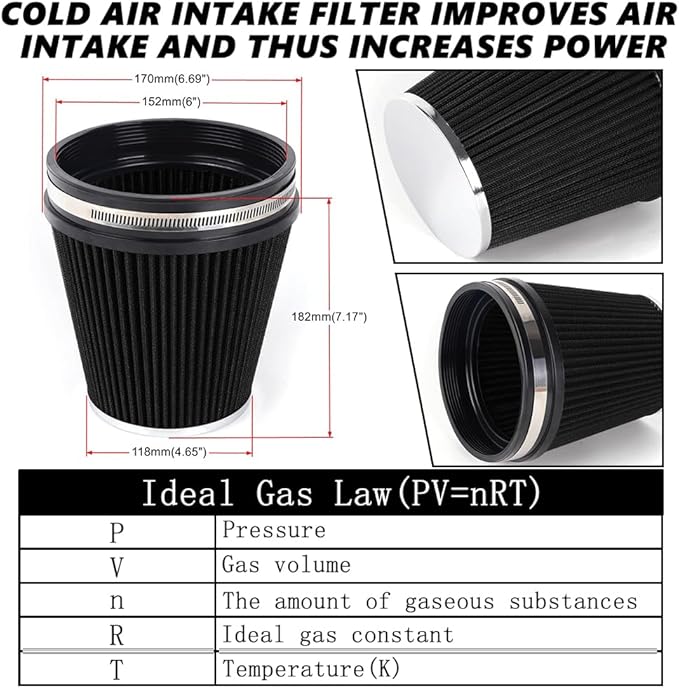 6" Inlet Cold Air Intake Filter Cone Replacement Performance Washable Clamp-On Dry Air Filters Black (6" Tall)
