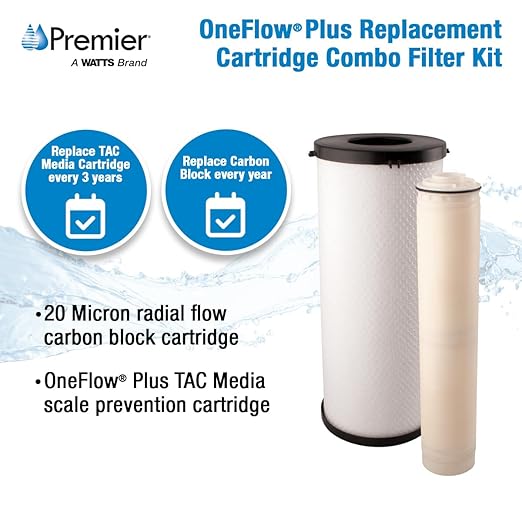Watts Premier Cartridge Combo Water Replacement Pack, 1 Radial Flow Carbon Block Cartridge and 1 TAC Cartridge for OneFlow Plus System, OFPSYS, Reduce Chlorine Taste and Odors