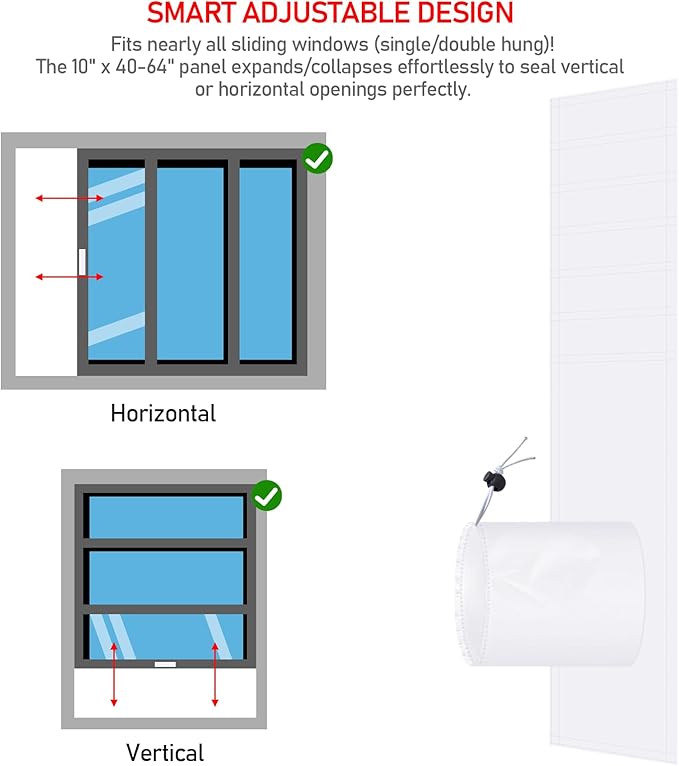 Universal Portable AC Window Seal Kit, Adjustable 40-63" Sliding Window Vent Panel w/Drawstring and Adhesive, No-Drill Insulation for Air Conditioner and Dryer Hose (White)
