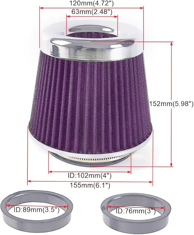 4-Inch Cold Air Intake Filter - Washable, High Performance, 3" or 3-1/2" or 4" Clamp-On Replacement Air Filter Purple