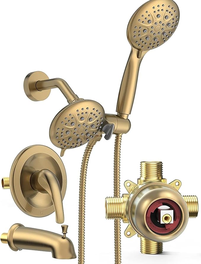 SR SUN RISE 5-Spray Dual Shower Head Cmbo Tub Faucet Set 3-Way Shower Head and Hand Held Shower Tub Faucets Sets Complete Single-Handle Tub and Shower Trim Kit, Brushed Gold (Valve Include）