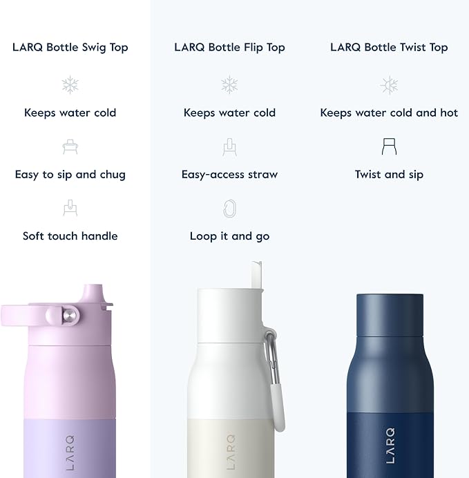 LARQ Bottle Swig Top 34oz - Insulated Reusable Stainless Steel Water Bottle With Built-In Silicone Handle | BPA Free | For Sports, Gym, and Travel, Luberon Lavender