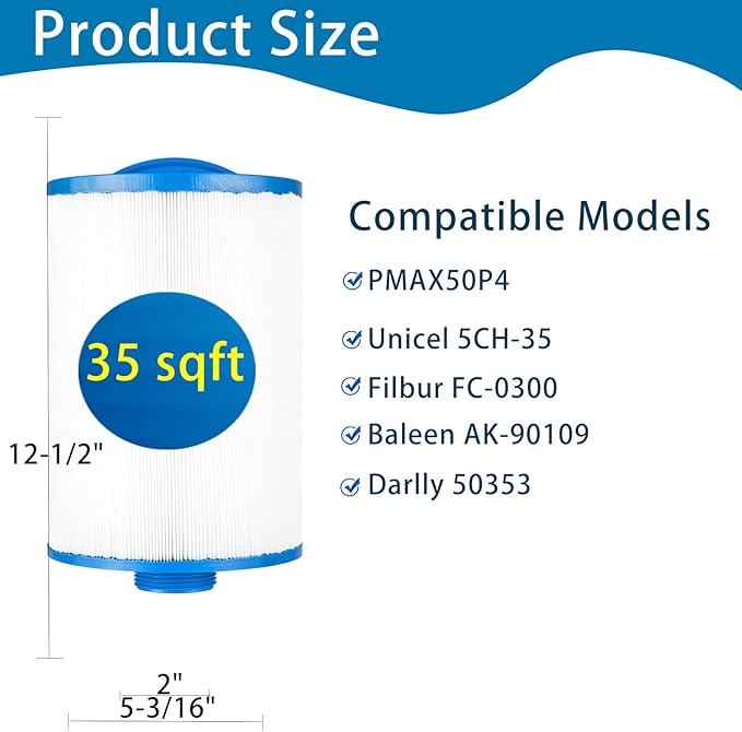 Replacement Filter for PMAX50P4, Unicel 5CH-35,Filbur FC-0300, Baleen AK-90109, Excel Filters XLS-526, 50353, Pure N Clean PC-0300, SD-00780, SD-00650 Filter Cartridge 4 Pack