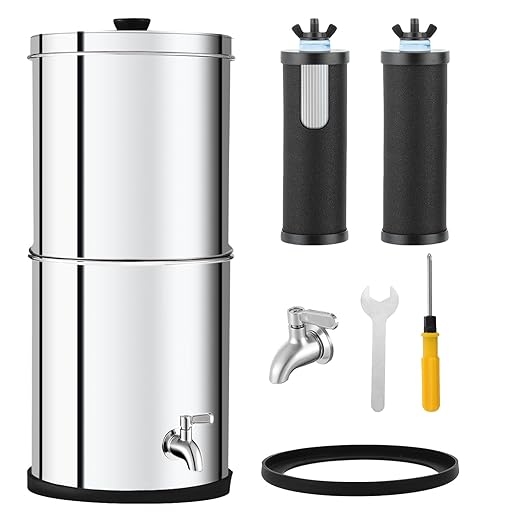 2.25G Ultra-Filtration Gravity Water Filter System，304 Stainless Steel Countertop System with 2 Filters & Metal Faucet，NSF/ANSI 42 Certification，Reduce 99% Chlorine