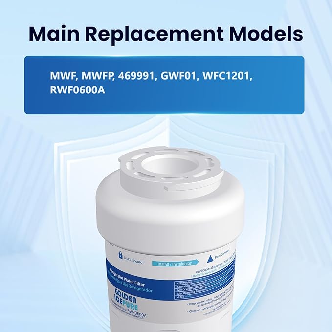GOLDEN ICEPURE RWF0600A Refrigerator Water Filter Replacement for GE SmartWater MWFA, GWF, GWFA, FMG-1, WFC1201, GSE25GSHECSS, PC75009, 197D6321P006, Kenmore 9991, PC83879, 4PACK