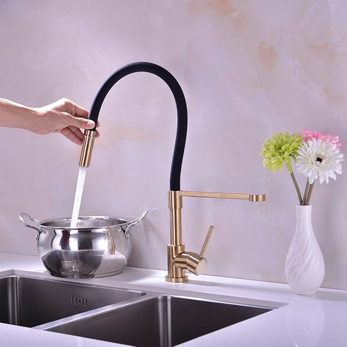 Gold and Black Kitchen Faucet, Kitchen Sink Faucet with Pull Down Spray, Solid Brass Kitchen Faucet with Silicon Hose 360 Swivel