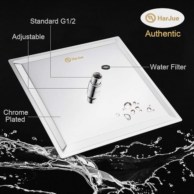 HarJue High Pressure Large Stainless Steel Square Rain ShowerHead With Shower Arm Waterfall Full Body Coverage Easy to Clean and Install (10 Inch with Arm, Chrome Finish)