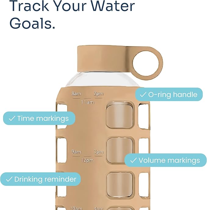 purifyou 40oz / 32oz / 22oz / 12oz Borosilicate Glass Water Bottle with Time & Volume Markers, Silicone Sleeve, Stainless Steel Lid | Reusable Glass Bottle for Water & Juice (22oz Iced Coffee)