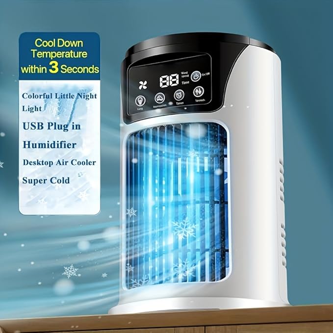 Portable Air Conditioner Humidifier Atmosphere Light Fan USB Cooler Air Conditioner, 3 In 1 Function, Office Household Essential Cooler USB Portable Air Conditioner USB Fan