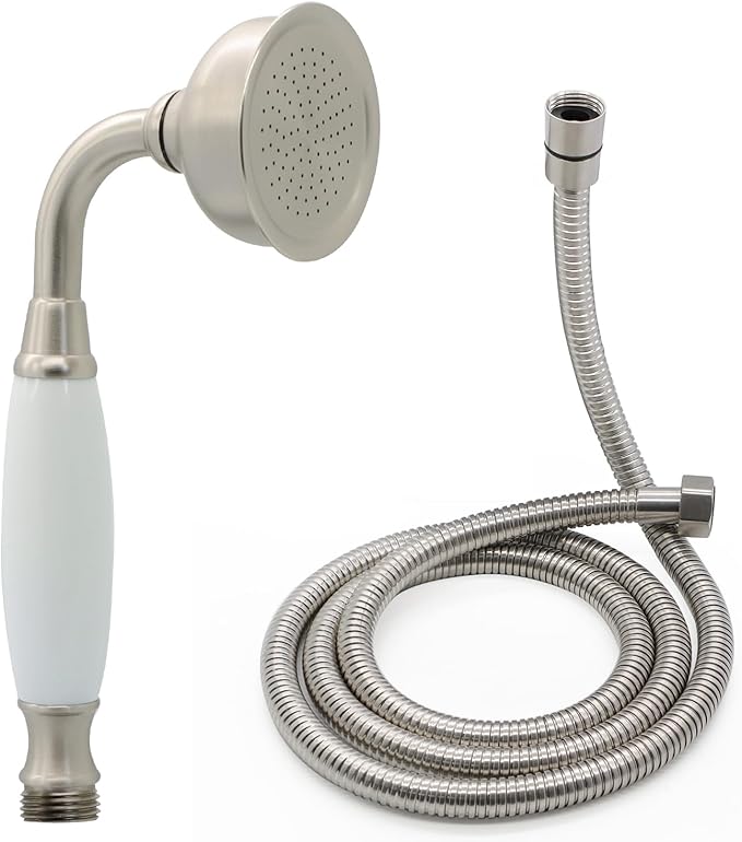 HOMEDEC Vintage Handheld Shower Head with 59inch Flexible Hose High-Pressure Antique Rain Showerhead Combo Replacement No Wand Holder, Round Telephone Shape, Brushed Nickel