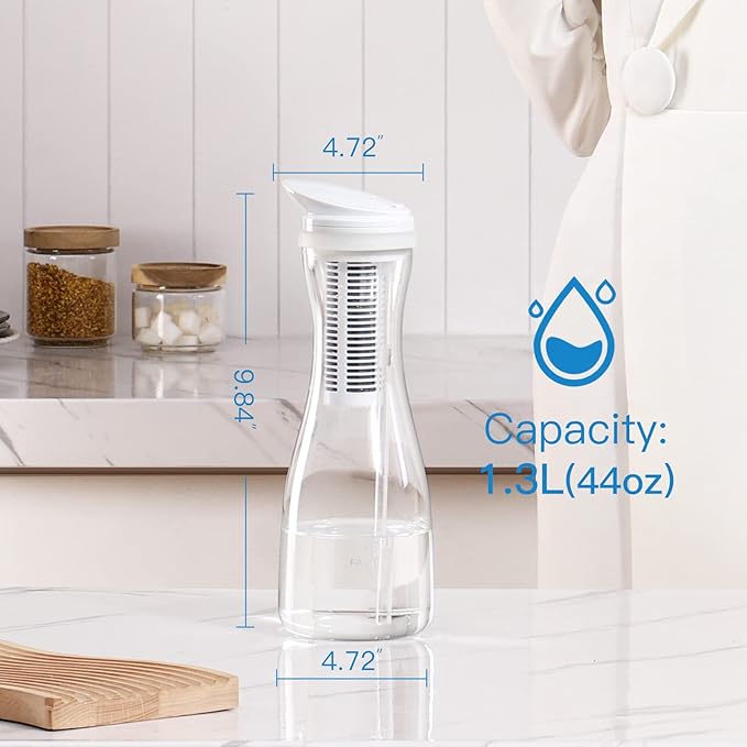Glass Water Filter Pitcher with Non-Slip Mat,211 Gallons Long-Life,1.3L,BPA Free,Removes Lead,Chlorine,Rust,Odors,Microplastics,Gray