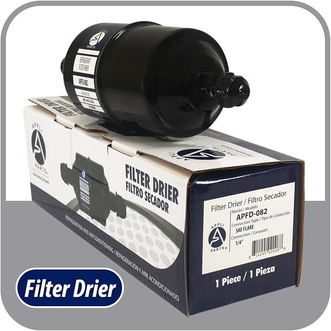 Appli Parts APFD-082 1/4 in Liquid Line Refrigerant AC Filter Drier hvac Refrigeration 082 SAE Flare connection universal unidirectional 6in long 2-1/4 in wide