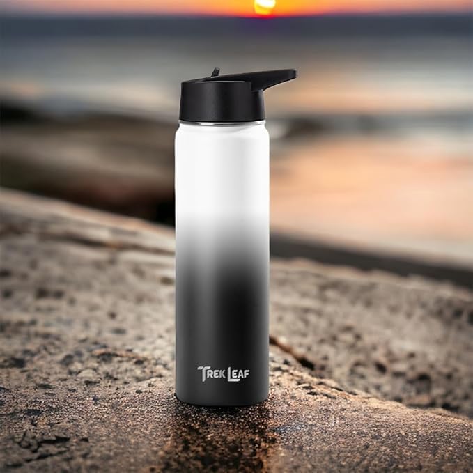 Travel Water Bottle with 3 Lids (Spout, Straw, Flip) Leak Proof, Quality, Vacuum Insulated, Stainless Steel (Day & Night, 22 oz)