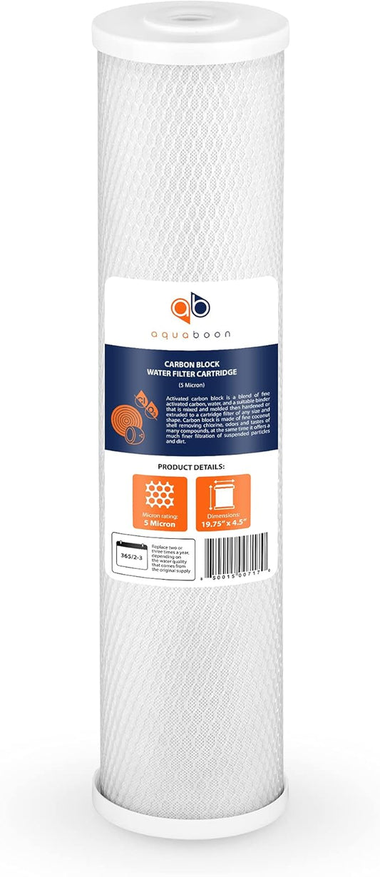 Aquaboon 4.5 x 20 Carbon Block Filter Cartridge Large - 5 Micron Whole House Water Filter Replacement Remove Chlorine Taste Odors Compatible with FC25B, EPM-20BB, CB-BB-20, 155783-43 (1 Pack)
