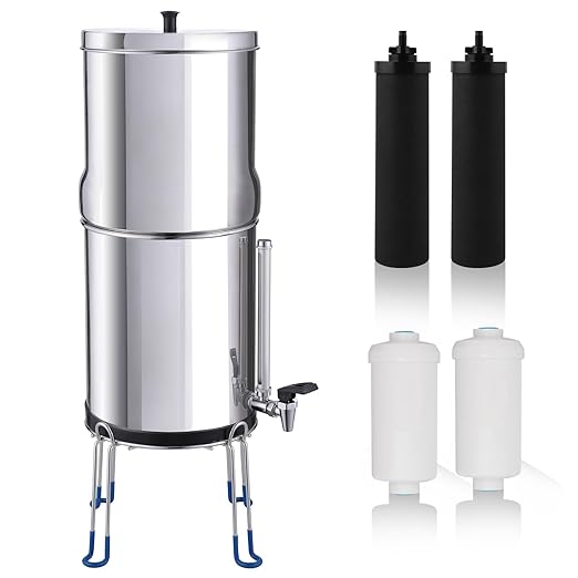 Amwater NSF/ANSI 42&372 Certification 2.25G Stainless Steel Gravity-Fed Water Filter System with 2 Black Purification Filter, 2 Fluoride Water Filter,Sight Glass Spigot, 6inch Stand