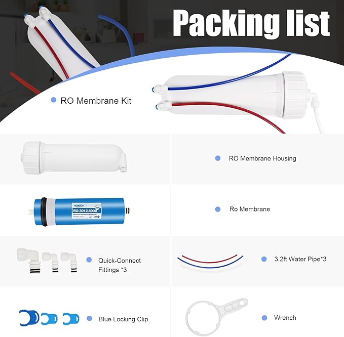 400GPD Reverse Osmosis Membrane Kit with RO Membrane Housing,Wrench,Quick-Connect Fittings,Check Valve and Water Pipe Replacement for Under Sink Home Drinking RO Water Filter System