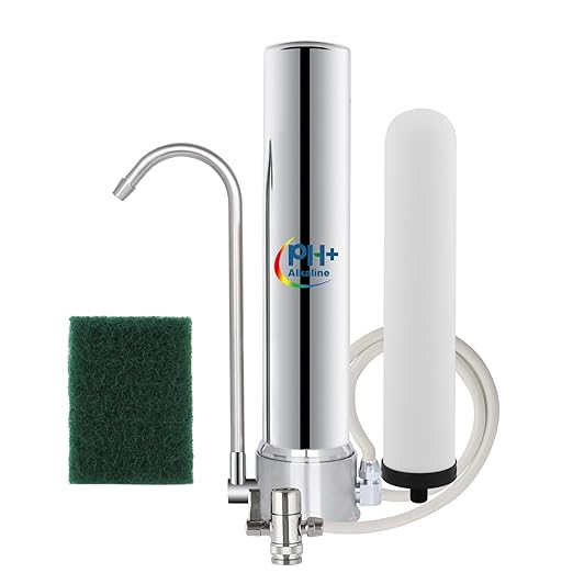 Satinless Steel Countertop Water Filter System, 5-Stage Alkaline Water Filter, 8000 Gallons Faucet with 1 Washable Ceramic Filter (BY-10P-M12)