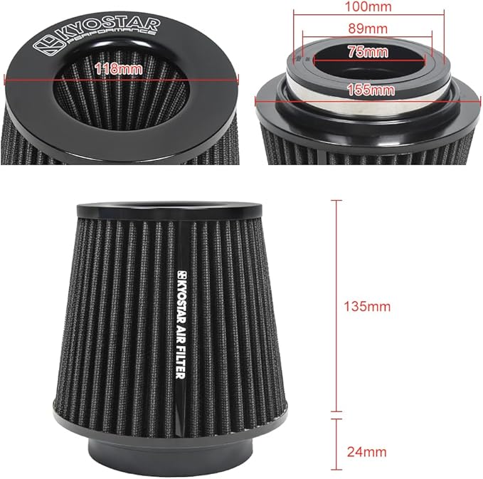 Kyostar 3/3.5/4inch Inlet Cold Air Intake Cone Replacement Performance Washable High Flow Dry Air Filter, Black