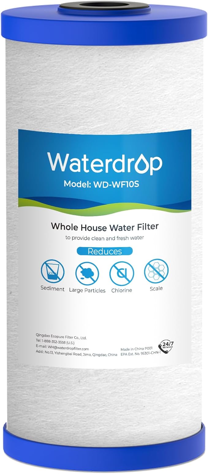 Waterdrop Whole House Water Filter, Anti-Scale Sediment Filter Cartridge, Replacement for GE® FXHTC, GXWH40L, iSpring, Culligan® RFC-BBSA, Whirlpool®, Any 10" x 4.5" System, 5 Micron