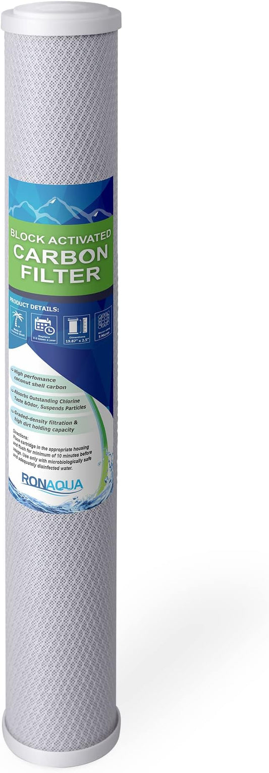 Standard Whole House Coconut Shell Carbon Block 5 Micron Water Filter 20” x 2.5” Fits 20” x 2.5” Housings. Remove Chlorine and Bad Odor. Compatible with C1-20, HX-CB-25-2010, F3WCB32