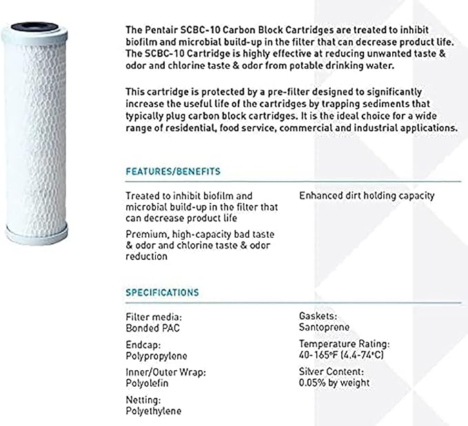 Pentair Pentek SCBC-10 Carbon Water Filter, 10-Inch, Under Sink Silver-Impregnated Carbon Block Replacement Cartridge, 10" x 2.5", 0.5 Micron, White