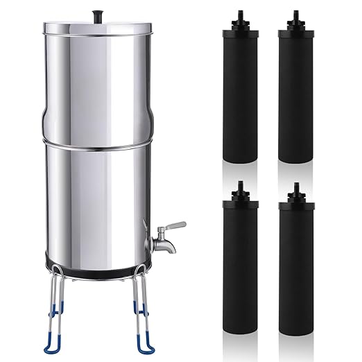 Amwater NSF/ANSI 42&372 Certification 2.25G Stainless Steel Gravity-Fed Water Filter System with 4 Black Purification Filter,Metal Spigot and 6inch Stand, Reduces Lead and up to 99% of Chlorine