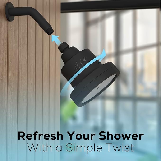 THE JULIET FILTERED SHOWER HEAD - Luxury High Pressure Shower Head with Filters - Removes Impurities for Healthier Hair and Skin - Reduces Hair Breakage, Skin Dryness & Irritation (Matte Black)