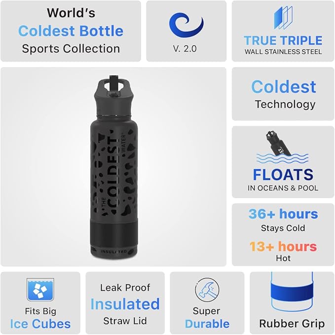 Coldest Insulated Water Bottle with Straw Lid - Stainless Steel Metal Insulated Bottle for Men & Women (Black Leopard, 40 oz)