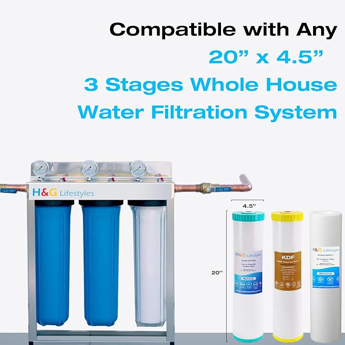 H&G Lifestyles 4.5" x 20" 3 Stage Whole House Water Filter Replacement set with Iron & Manganese Reducing Cartridges, GAC KDF, PP Cutton Cartridges,Replacement for Any 20" Water Filter
