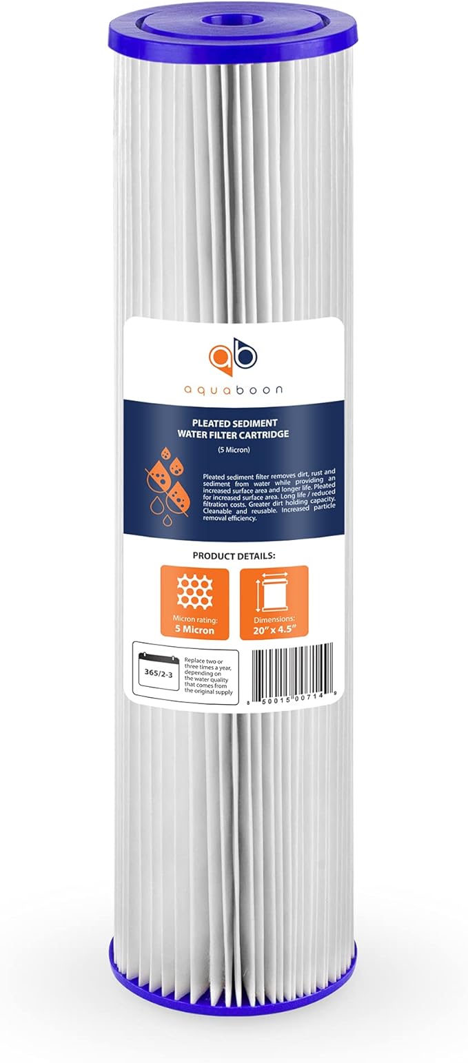 Aquaboon 20 Inch Whole House Pleated Water Sediment Filter Replacement 5 Micron Water Filter Cartridge Compatible with ECP5-20BB, SPC-45-2005, 6-Pack