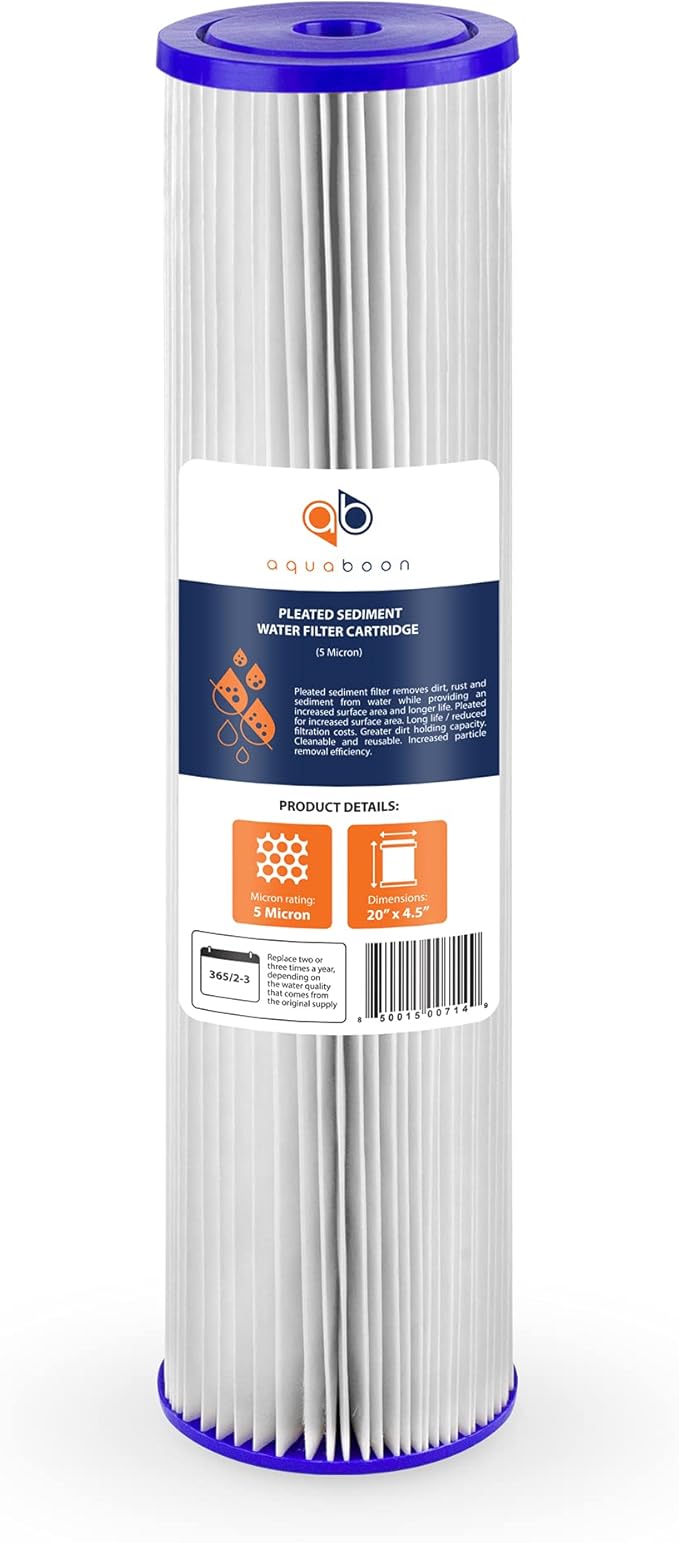 Aquaboon 20 Inch Whole House Pleated Water Sediment Filter Replacement 5 Micron Water Filter Cartridge Compatible with ECP5-20BB, SPC-45-2005, 1-Pack