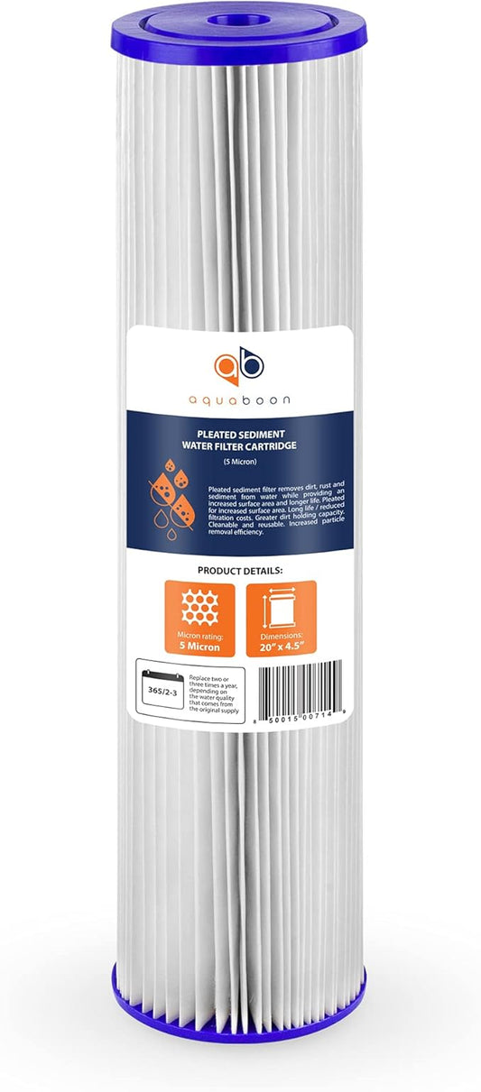 Aquaboon 20 Inch Whole House Pleated Water Sediment Filter Replacement 5 Micron Water Filter Cartridge Compatible with ECP5-20BB, SPC-45-2005, 1-Pack