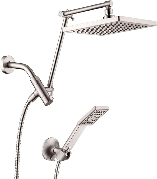 BRIGHT SHOWERS High Pressure Rain Shower Head Combo with Double Extension Arm, 8 Inch Rainfall Shower Head with Handheld Spray, Height Adjustable Dual Square Showerhead Set, Brushed Nickel