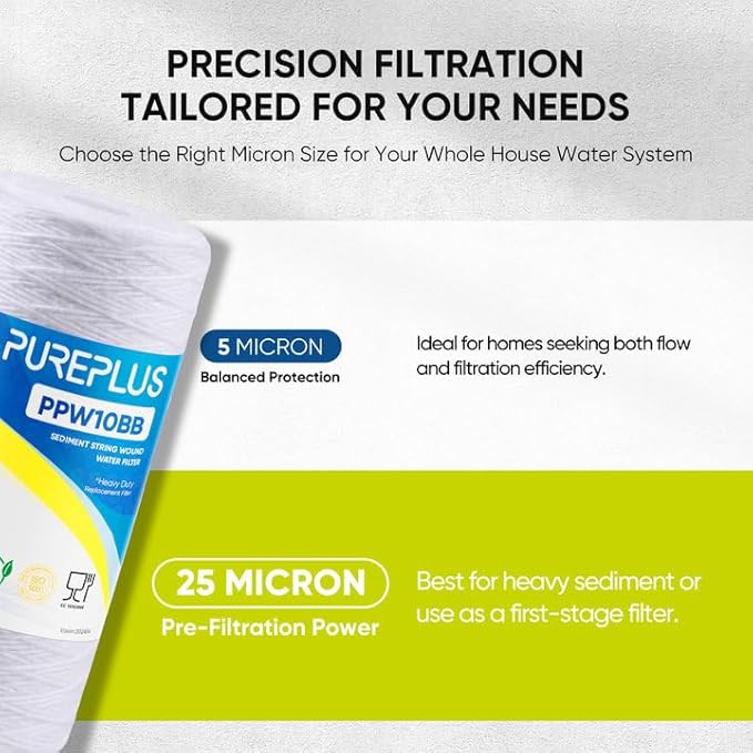 PUREPLUS 25 Micron 10 x 4.5 Whole House String Wound Sediment Filter for Well Water, Replacement Cartridge for 84637, WPX5BB97P, PC10, CW5-BBS, 355215-45, WP10BB97P, WP5BB97P, 4Pack