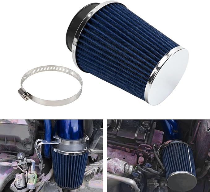 Clamp-On Cold Air Intake Filter, High Performance, Washable Filter, Replacement Air Filter, Flange Diameter 3inch/76mm Blue