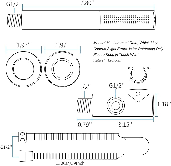 Matte Black Shower Wand 2 In 1 Fuction Hand Held Shower Head High Flow 7 Inch Brass Shower Head High Pressure Handheld Shower Head Sprayer with 59 Inch Hose and Bracket