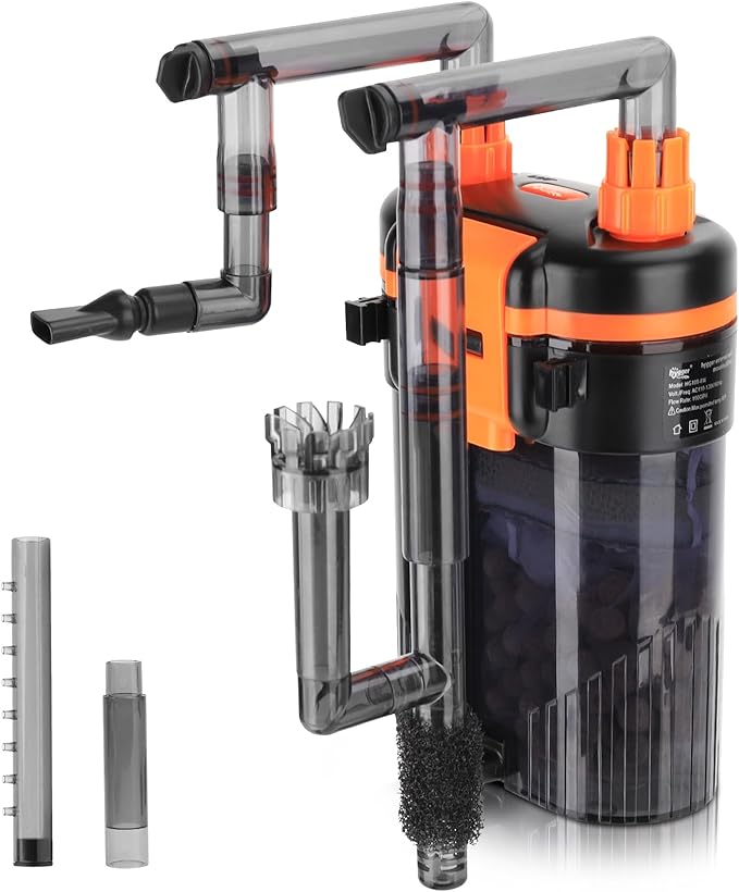 hygger External Hang-On-Back Canister Aquarium Filter,Quiet Fish Tank Filter with 3-Stage Filtration,Anti-Dry Burn Motor,Adjustable Flow,Oil Skimmer,Duckbill Nozzle,Shower Spray Bar (5W,≤10 gal)