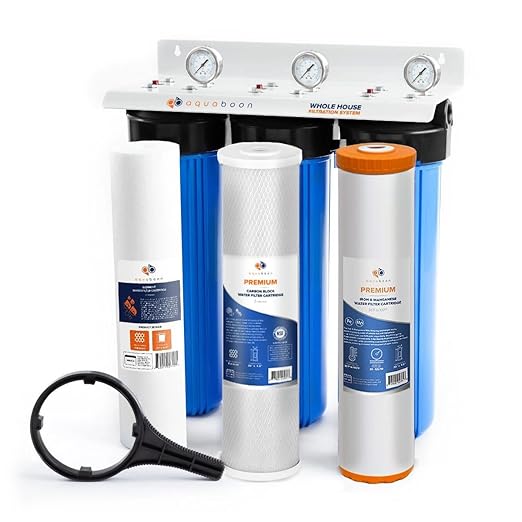 Aquaboon 3-Stage Water Filter System for Well Water w/ 20x4.5 CTO, Iron & Manganese, Sediment Filters, Pressure Gauges & Release, Wrench, Iron Bracket