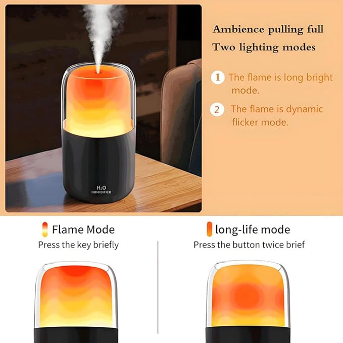 LED home spraying humidifier with high simulation flame atmosphere light,2.3W and 280ml water tank,dynamic state and static state flame (Black housing)