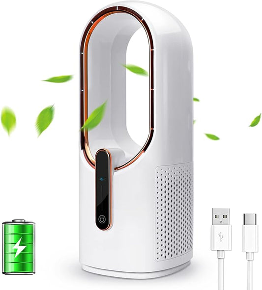 CONBOLA Desk Fan Small Quiet, Battery Operated Portable, Bladeless Desktop Fan with 3 Cooling Speeds, 11.8 Inch Touch Control Personal Fan for Bedroom, Office, Home, Outdoor (White)