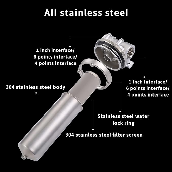 Amwater NSF/ANSI 42 Certification Stainless Steel Filter Housing for 10" Filter Cartridge, 3/4NPT Water Filter Housing for Whole House Water Purification of Stainless Steel 304