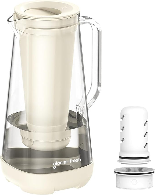 GLACIER FRESH 7 Cup Purela Glass Water Pitcher with 1 Ultrafiltration Membrane and Activated Carbon Filter, Reduces 99% Chlorine, PFOA&PFOS, Coliforms, BPA Free Materials, White